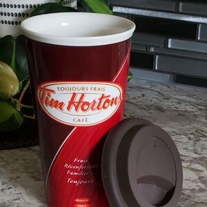 2011 Tim Hortons collector Red china Travel Mug with Brown Lid